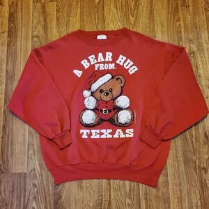 Vintage Christmas‎ Sweater Shirt Adult Red XL Bear Hug From Texas USA Made 1994